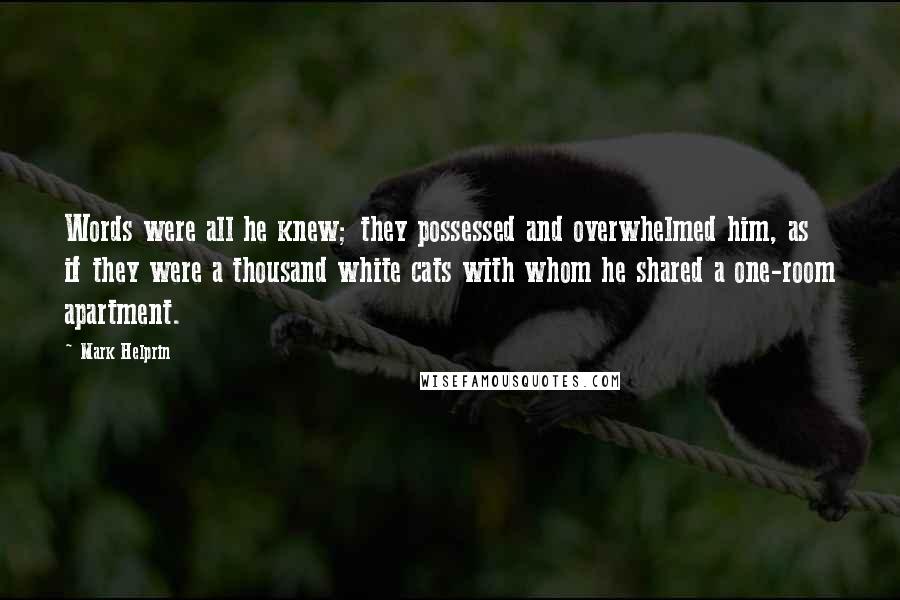 Mark Helprin quotes: Words were all he knew; they possessed and overwhelmed him, as if they were a thousand white cats with whom he shared a one-room apartment. Mark Helprin quotes: Words were all he knew; they possessed and overwhelmed him, as if they were a thousand white cats with whom he shared a one-room apartment.