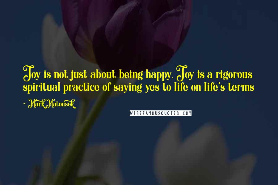 Mark Matousek quotes: Joy is not just about being happy. Joy is a rigorous spiritual practice of saying yes to life on life's terms
