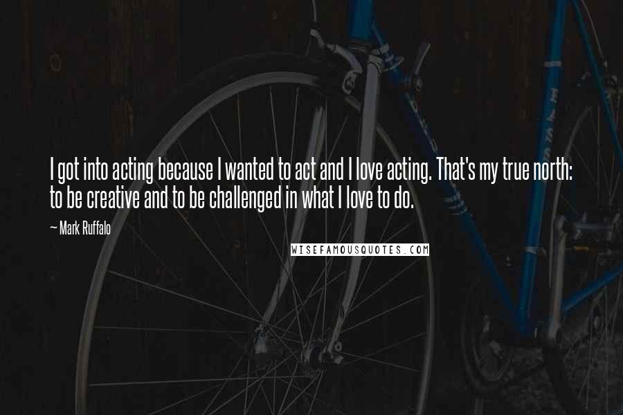 Mark Ruffalo quotes: I got into acting because I wanted to act and I love acting. That's my true north: to be creative and to be challenged in what I love to do.