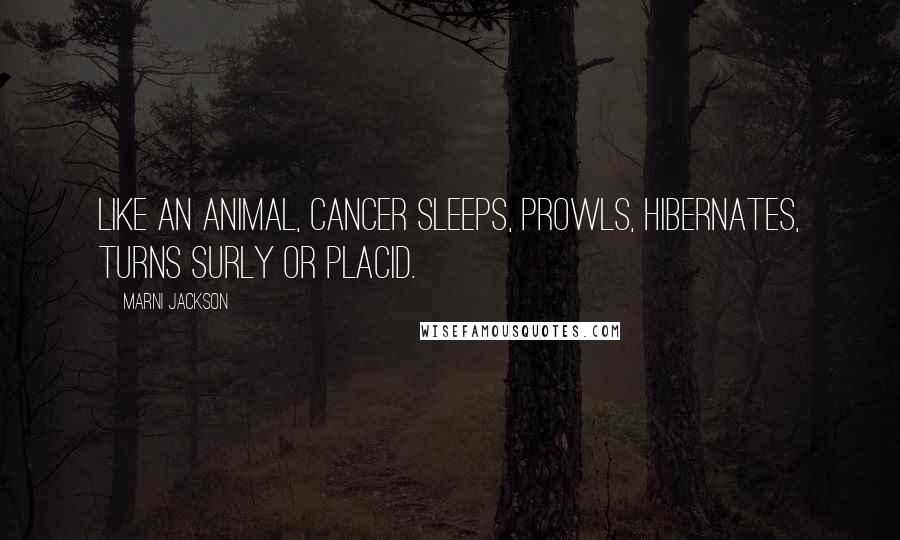 Marni Jackson quotes: Like an animal, cancer sleeps, prowls, hibernates, turns surly or placid.