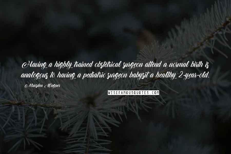 Marsden Wagner quotes: Having a highly trained obstetrical surgeon attend a normal birth is analogous to having a pediatric surgeon babysit a healthy 2-year-old. Marsden Wagner quotes: Having a highly trained obstetrical surgeon attend a normal birth is analogous to having a pediatric surgeon babysit a healthy 2-year-old.