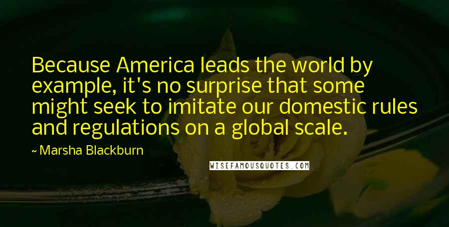 Marsha Blackburn quotes: Because America leads the world by example, it's no surprise that some might seek to imitate our domestic rules and regulations on a global scale.