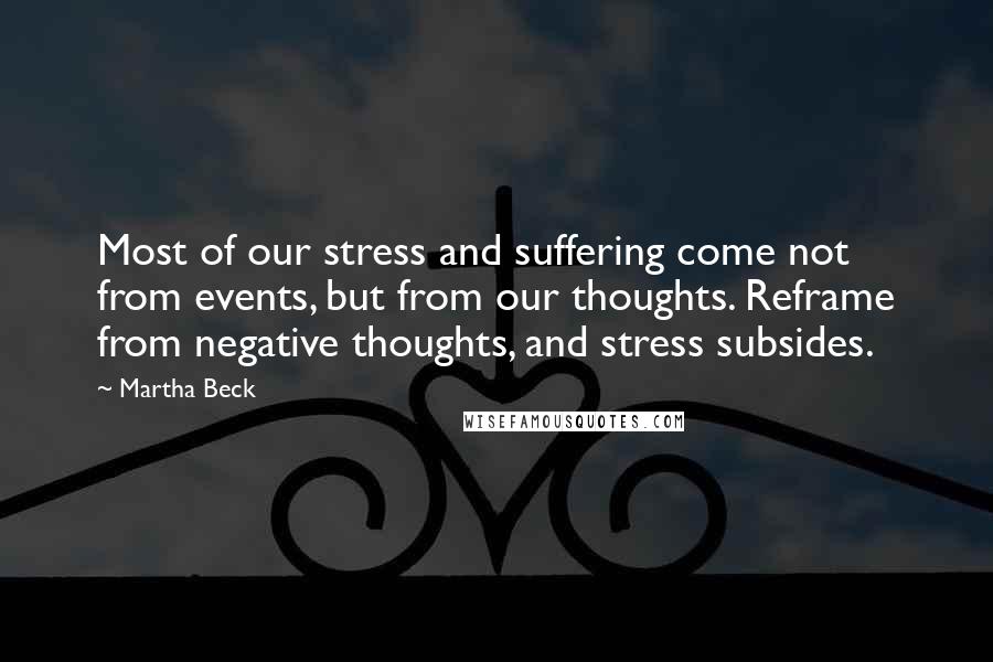 Martha Beck quotes: Most of our stress and suffering come not from events, but from our thoughts. Reframe from negative thoughts, and stress subsides. Martha Beck quotes: Most of our stress and suffering come not from events, but from our thoughts. Reframe from negative thoughts, and stress subsides.
