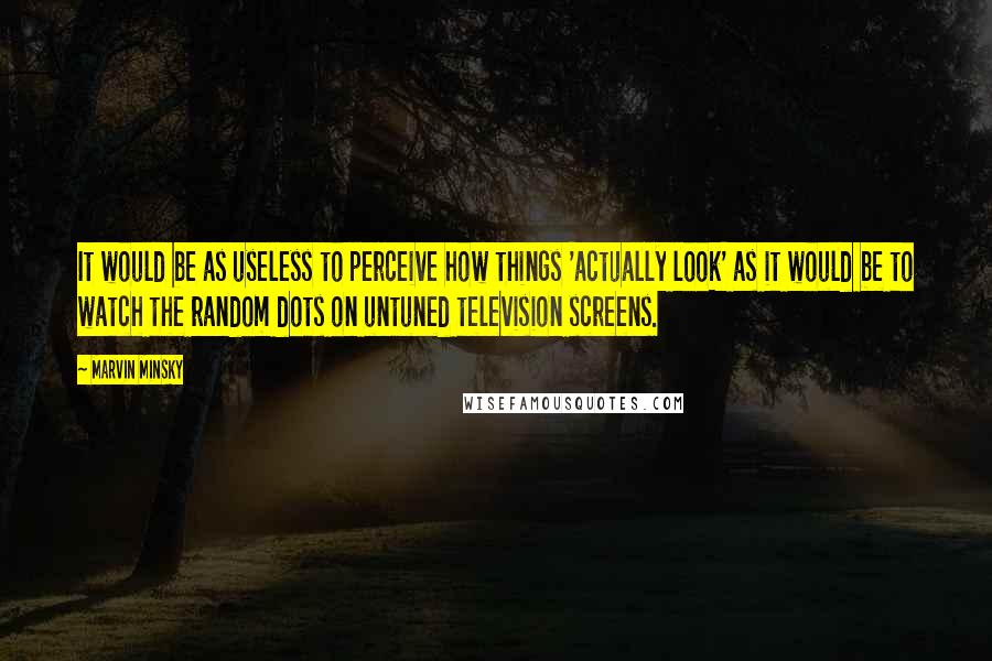 Marvin Minsky quotes: It would be as useless to perceive how things 'actually look' as it would be to watch the random dots on untuned television screens. Marvin Minsky quotes: It would be as useless to perceive how things 'actually look' as it would be to watch the random dots on untuned television screens.