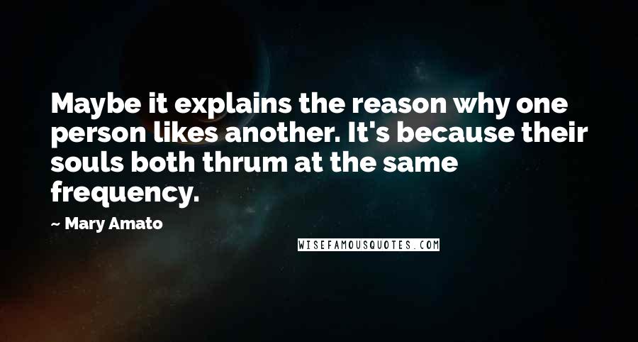 Mary Amato quotes: Maybe it explains the reason why one person likes another. It's because their souls both thrum at the same frequency. Mary Amato quotes: Maybe it explains the reason why one person likes another. It's because their souls both thrum at the same frequency.