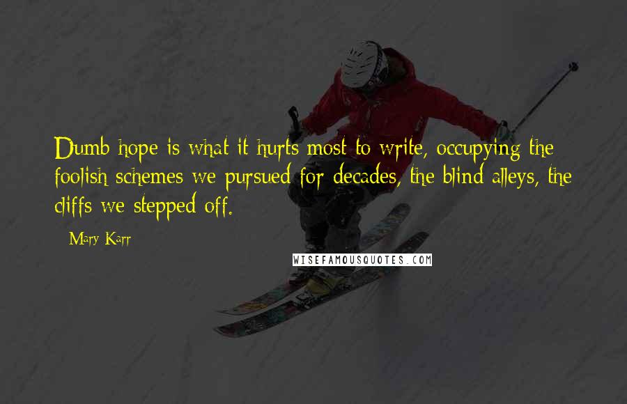 Mary Karr quotes: Dumb hope is what it hurts most to write, occupying the foolish schemes we pursued for decades, the blind alleys, the cliffs we stepped off.