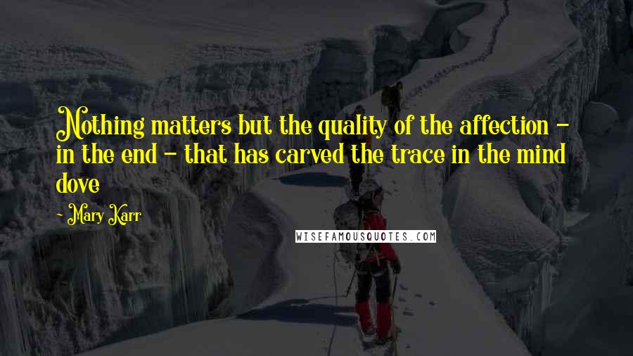 Mary Karr quotes: Nothing matters but the quality of the affection - in the end - that has carved the trace in the mind dove Mary Karr quotes: Nothing matters but the quality of the affection - in the end - that has carved the trace in the mind dove