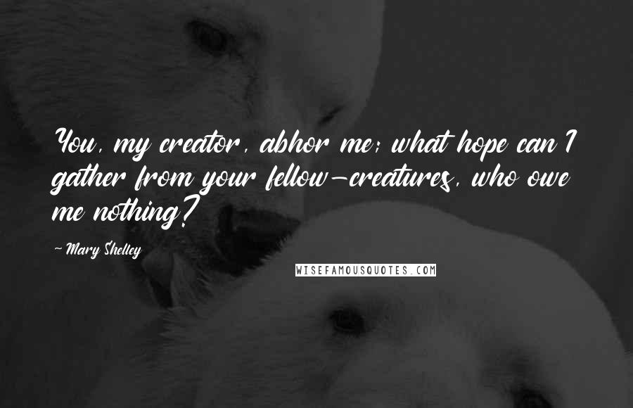 Mary Shelley quotes: You, my creator, abhor me; what hope can I gather from your fellow-creatures, who owe me nothing?