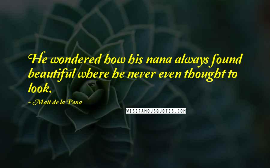 Matt De La Pena quotes: He wondered how his nana always found beautiful where he never even thought to look.