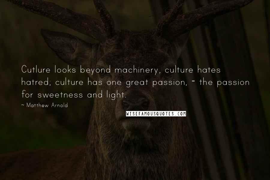 Matthew Arnold quotes: Cutlure looks beyond machinery, culture hates hatred; culture has one great passion, - the passion for sweetness and light.