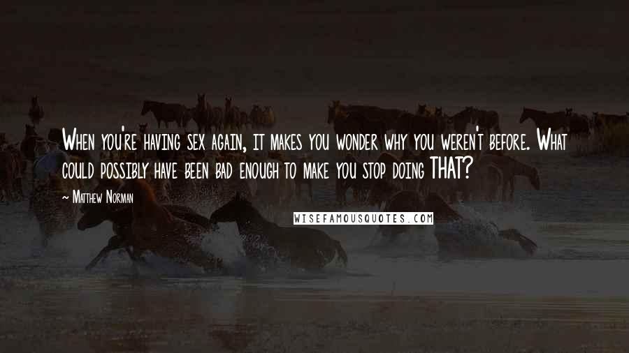 Matthew Norman quotes: When you're having sex again, it makes you wonder why you weren't before. What could possibly have been bad enough to make you stop doing THAT? Matthew Norman quotes: When you're having sex again, it makes you wonder why you weren't before. What could possibly have been bad enough to make you stop doing THAT?