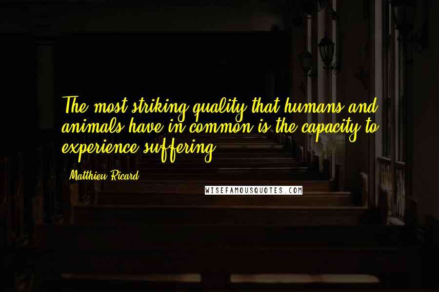 Matthieu Ricard quotes: The most striking quality that humans and animals have in common is the capacity to experience suffering.