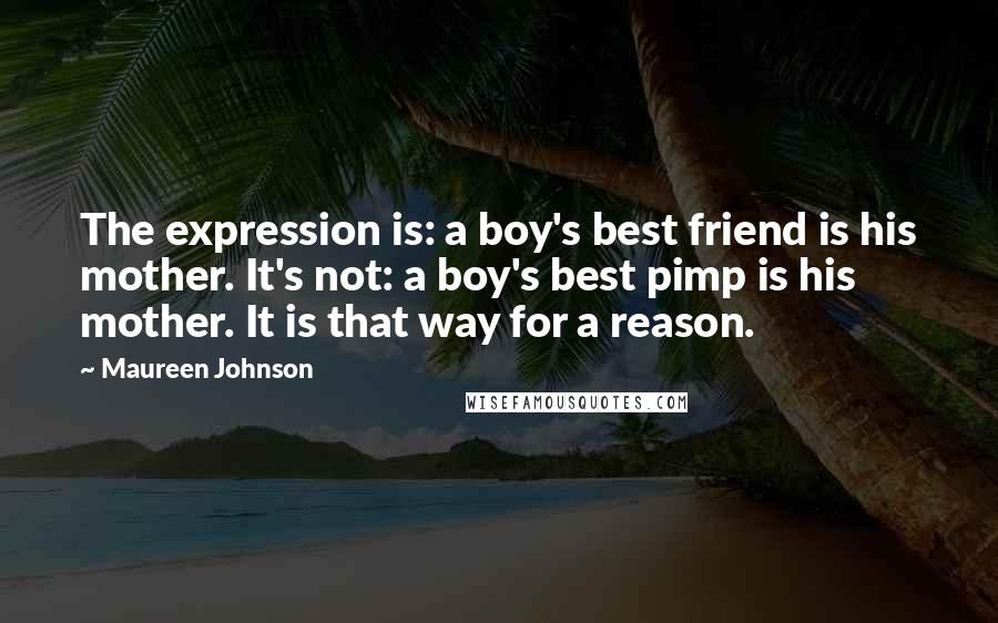 Maureen Johnson quotes: The expression is: a boy's best friend is his mother. It's not: a boy's best pimp is his mother. It is that way for a reason.