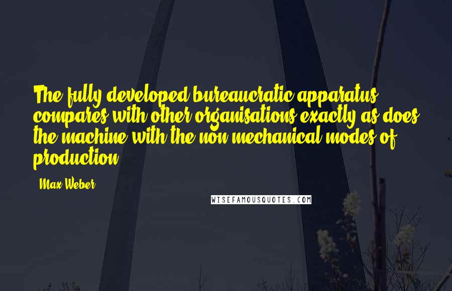 Max Weber quotes: The fully developed bureaucratic apparatus compares with other organisations exactly as does the machine with the non-mechanical modes of production. Max Weber quotes: The fully developed bureaucratic apparatus compares with other organisations exactly as does the machine with the non-mechanical modes of production.