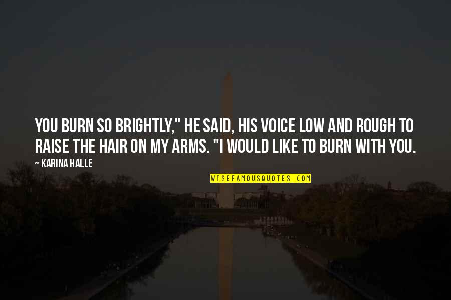 Maybray King Quotes By Karina Halle: You burn so brightly," he said, his voice Maybray King Quotes By Karina Halle: You burn so brightly," he said, his voice