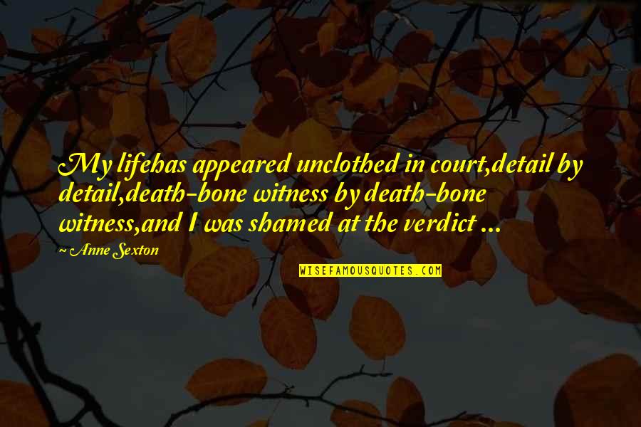 Mazinge Quotes By Anne Sexton: My lifehas appeared unclothed in court,detail by detail,death-bone Mazinge Quotes By Anne Sexton: My lifehas appeared unclothed in court,detail by detail,death-bone