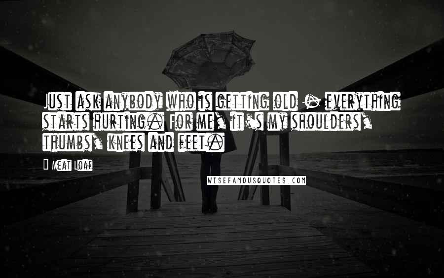 Meat Loaf quotes: Just ask anybody who is getting old - everything starts hurting. For me, it's my shoulders, thumbs, knees and feet. Meat Loaf quotes: Just ask anybody who is getting old - everything starts hurting. For me, it's my shoulders, thumbs, knees and feet.