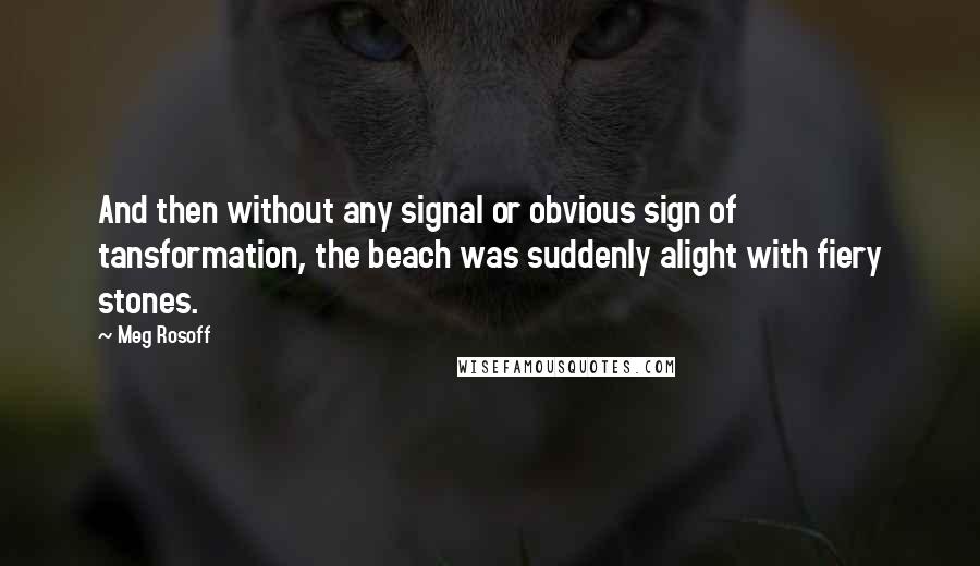 Meg Rosoff quotes: And then without any signal or obvious sign of tansformation, the beach was suddenly alight with fiery stones.