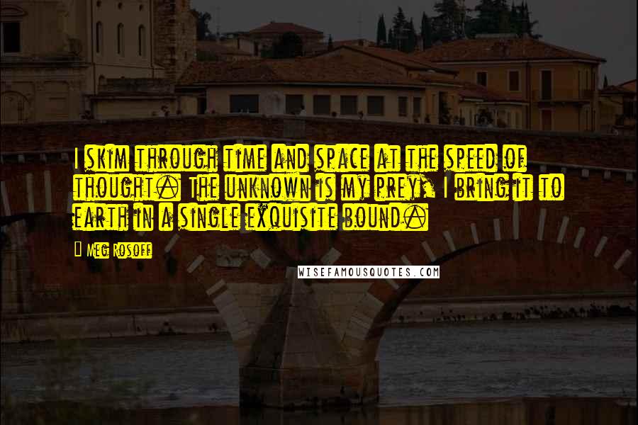Meg Rosoff quotes: I skim through time and space at the speed of thought. The unknown is my prey, I bring it to earth in a single exquisite bound.