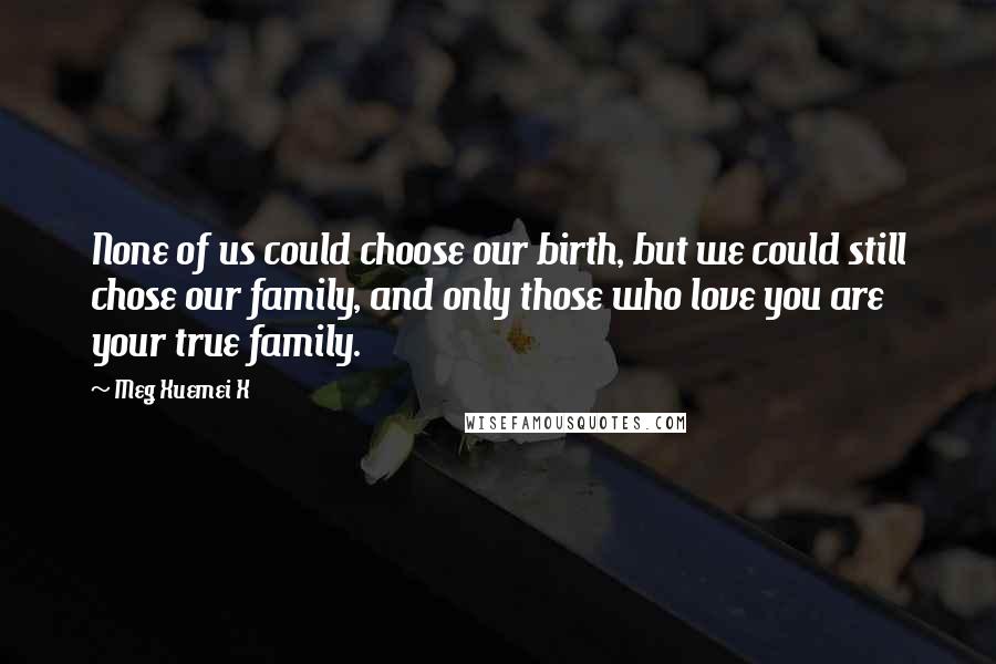 Meg Xuemei X quotes: None of us could choose our birth, but we could still chose our family, and only those who love you are your true family.