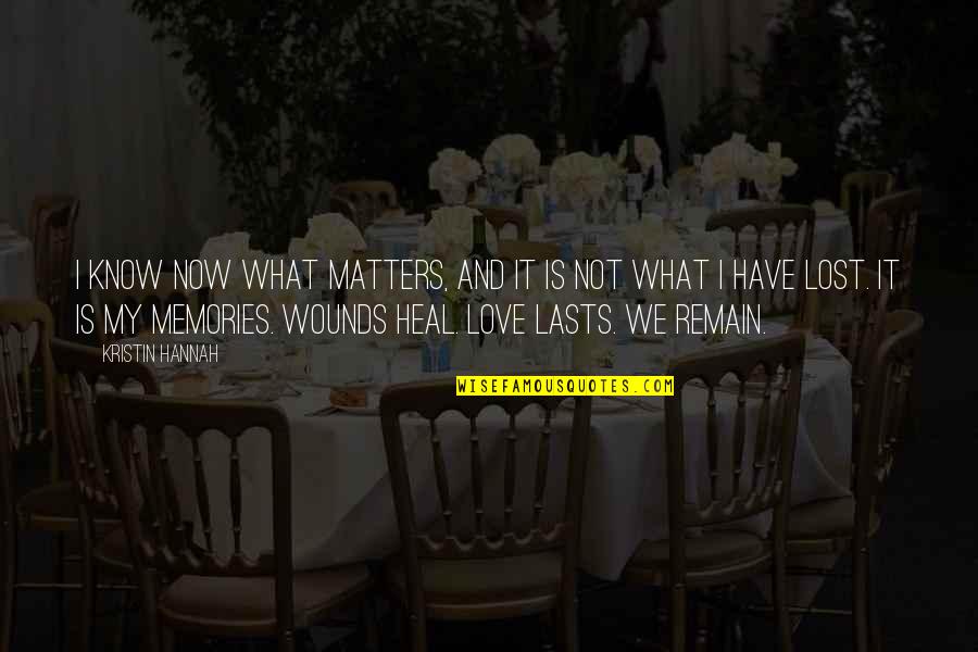 Megalong Mall Quotes By Kristin Hannah: I know now what matters, and it is Megalong Mall Quotes By Kristin Hannah: I know now what matters, and it is