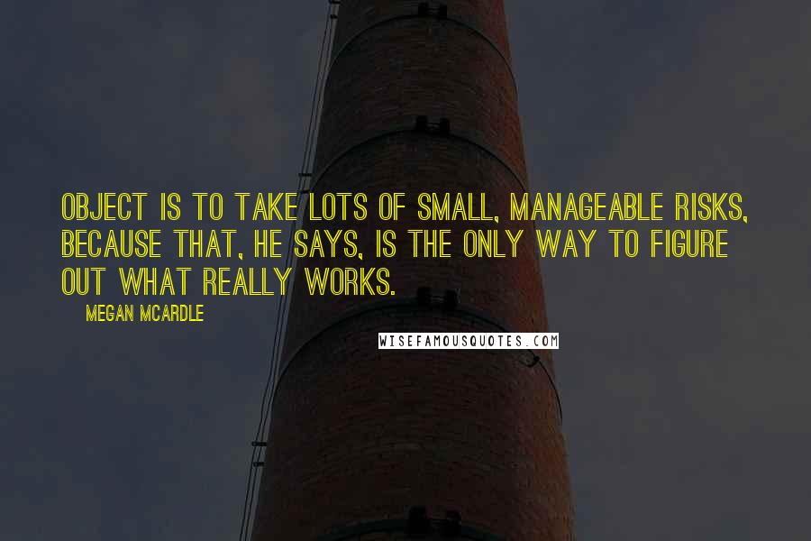 Megan McArdle quotes: object is to take lots of small, manageable risks, because that, he says, is the only way to figure out what really works.