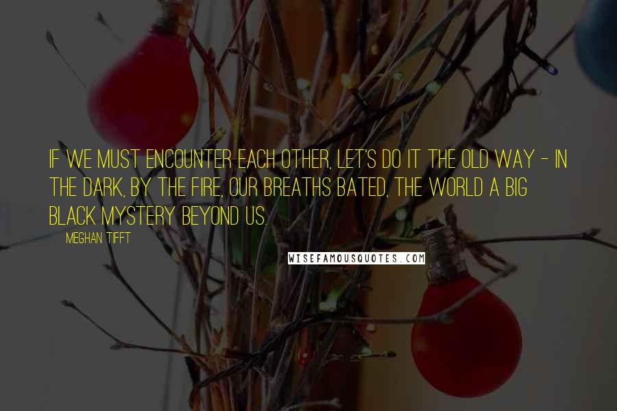 Meghan Tifft quotes: If we must encounter each other, let's do it the old way - in the dark, by the fire, our breaths bated, the world a big black mystery beyond us.