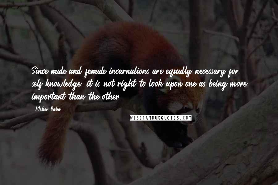 Meher Baba quotes: Since male and female incarnations are equally necessary for self-knowledge, it is not right to look upon one as being more important than the other. Meher Baba quotes: Since male and female incarnations are equally necessary for self-knowledge, it is not right to look upon one as being more important than the other.