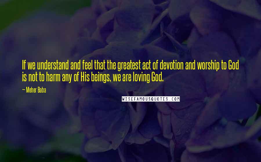 Meher Baba quotes: If we understand and feel that the greatest act of devotion and worship to God is not to harm any of His beings, we are loving God. Meher Baba quotes: If we understand and feel that the greatest act of devotion and worship to God is not to harm any of His beings, we are loving God.