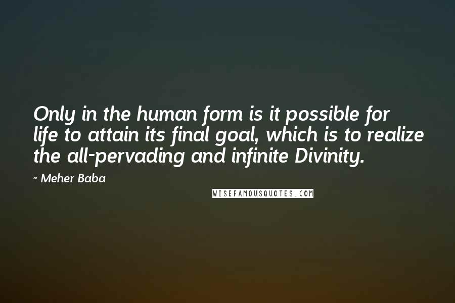 Meher Baba quotes: Only in the human form is it possible for life to attain its final goal, which is to realize the all-pervading and infinite Divinity. Meher Baba quotes: Only in the human form is it possible for life to attain its final goal, which is to realize the all-pervading and infinite Divinity.