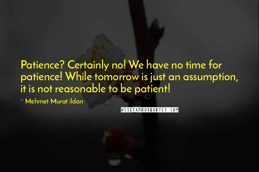 Mehmet Murat Ildan quotes: Patience? Certainly no! We have no time for patience! While tomorrow is just an assumption, it is not reasonable to be patient!