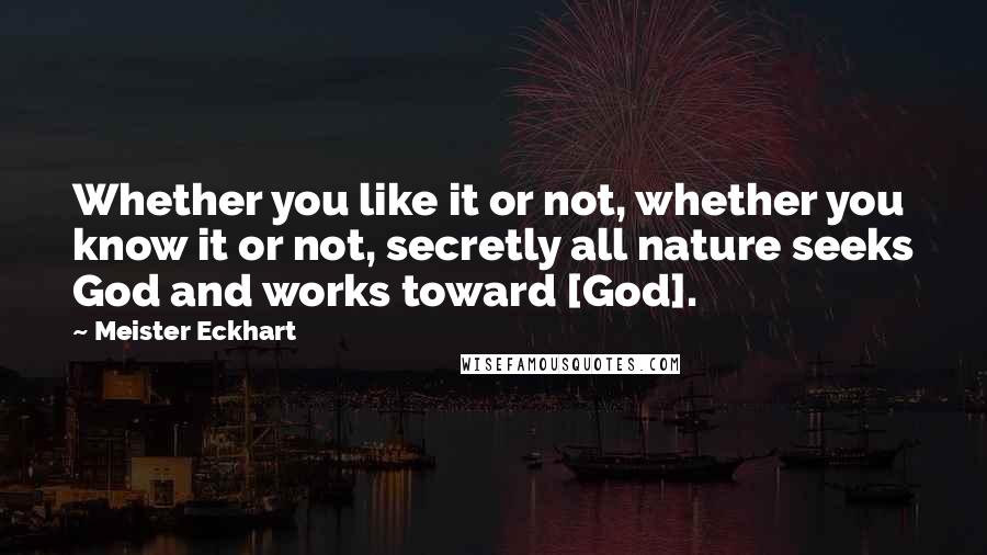 Meister Eckhart quotes: Whether you like it or not, whether you know it or not, secretly all nature seeks God and works toward [God].