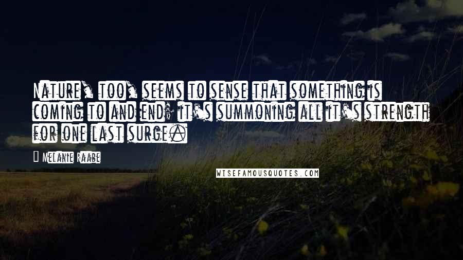 Melanie Raabe quotes: Nature, too, seems to sense that something is coming to and end; it's summoning all it's strength for one last surge. Melanie Raabe quotes: Nature, too, seems to sense that something is coming to and end; it's summoning all it's strength for one last surge.