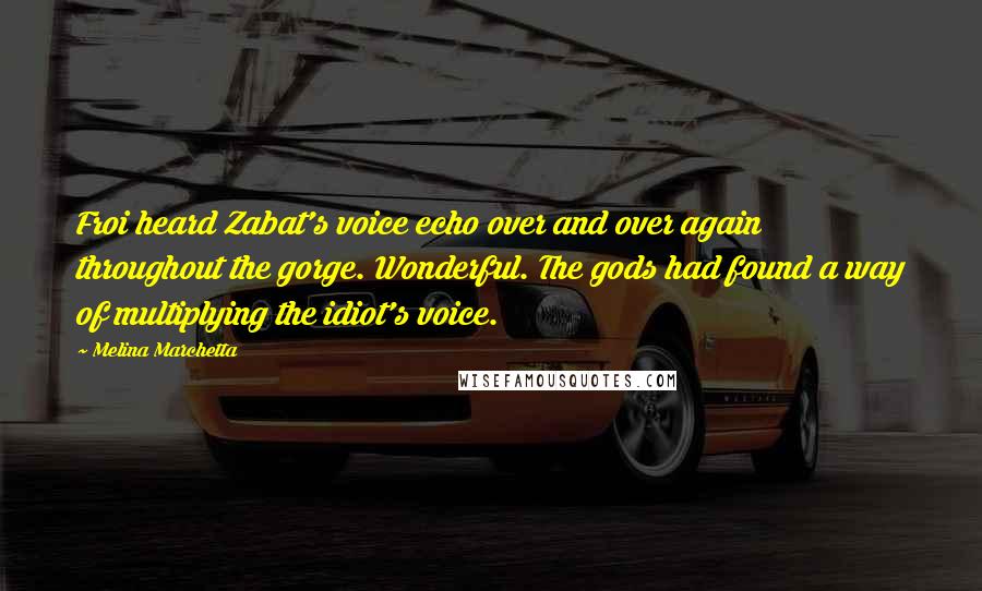 Melina Marchetta quotes: Froi heard Zabat's voice echo over and over again throughout the gorge. Wonderful. The gods had found a way of multiplying the idiot's voice.