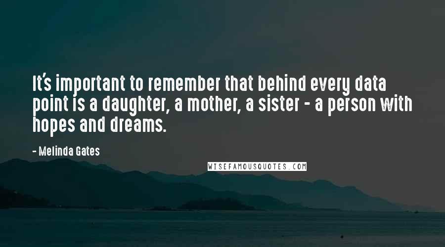 Melinda Gates quotes: It's important to remember that behind every data point is a daughter, a mother, a sister - a person with hopes and dreams. Melinda Gates quotes: It's important to remember that behind every data point is a daughter, a mother, a sister - a person with hopes and dreams.