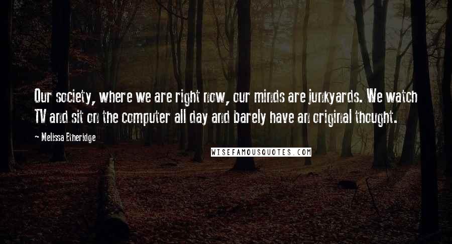 Melissa Etheridge quotes: Our society, where we are right now, our minds are junkyards. We watch TV and sit on the computer all day and barely have an original thought.