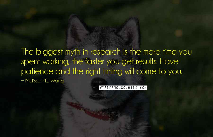 Melissa M.L. Wong quotes: The biggest myth in research is the more time you spent working, the faster you get results. Have patience and the right timing will come to you.