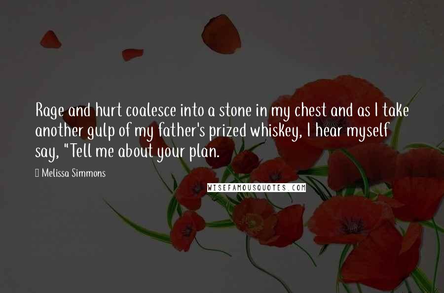 Melissa Simmons quotes: Rage and hurt coalesce into a stone in my chest and as I take another gulp of my father's prized whiskey, I hear myself say, "Tell me about your plan. Melissa Simmons quotes: Rage and hurt coalesce into a stone in my chest and as I take another gulp of my father's prized whiskey, I hear myself say, "Tell me about your plan.