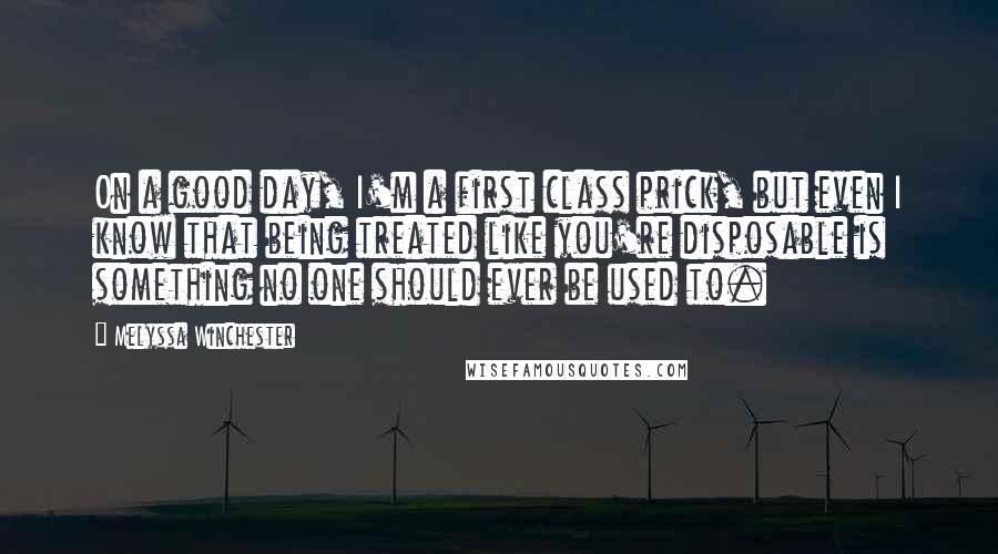 Melyssa Winchester quotes: On a good day, I'm a first class prick, but even I know that being treated like you're disposable is something no one should ever be used to.