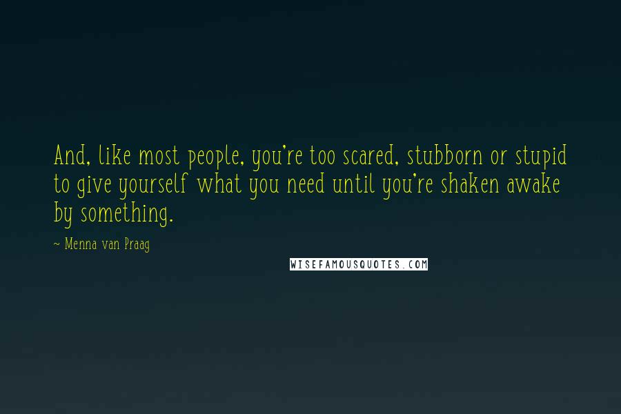 Menna Van Praag quotes: And, like most people, you're too scared, stubborn or stupid to give yourself what you need until you're shaken awake by something.