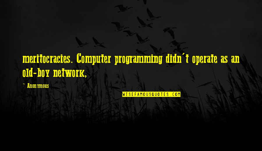 Meritocracies Quotes By Anonymous: meritocracies. Computer programming didn't operate as an old-boy