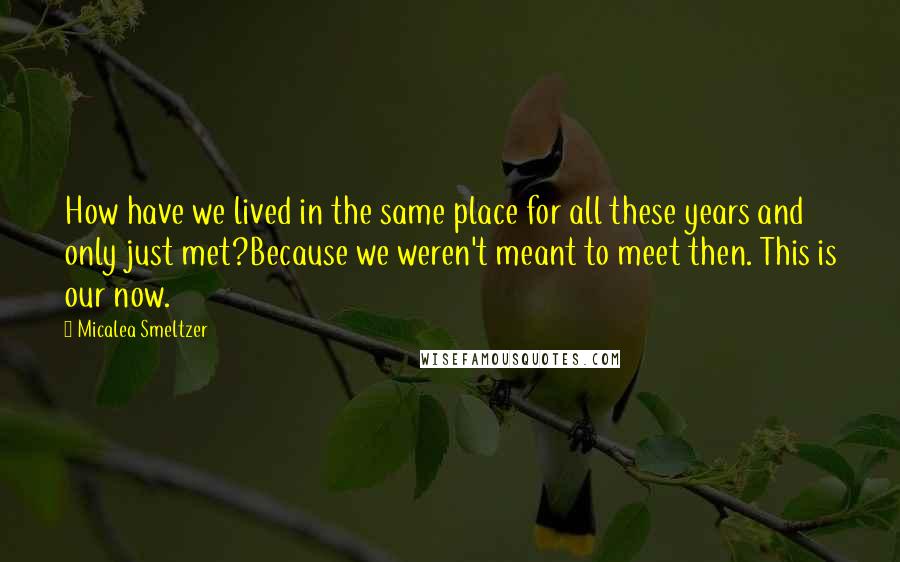 Micalea Smeltzer quotes: How have we lived in the same place for all these years and only just met?Because we weren't meant to meet then. This is our now.
