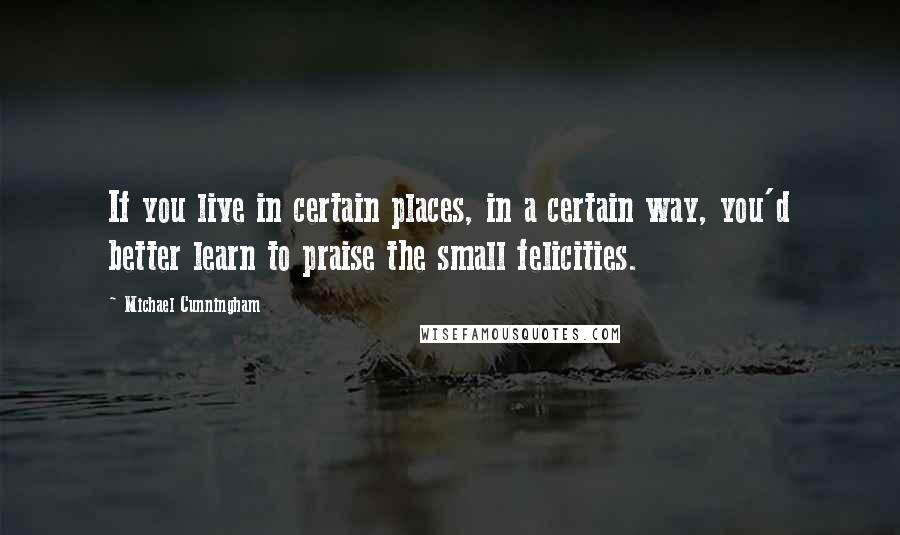 Michael Cunningham quotes: If you live in certain places, in a certain way, you'd better learn to praise the small felicities.