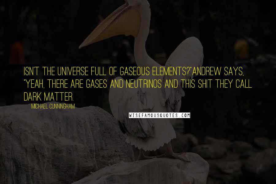 Michael Cunningham quotes: Isn't the universe full of gaseous elements?"Andrew says, "Yeah, there are gases and neutrinos and this shit they call dark matter. Michael Cunningham quotes: Isn't the universe full of gaseous elements?"Andrew says, "Yeah, there are gases and neutrinos and this shit they call dark matter.