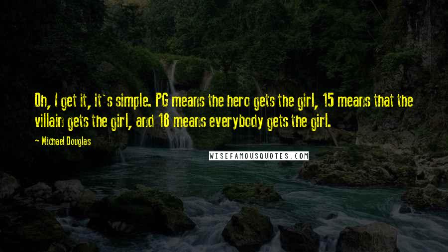 Michael Douglas quotes: Oh, I get it, it's simple. PG means the hero gets the girl, 15 means that the villain gets the girl, and 18 means everybody gets the girl. Michael Douglas quotes: Oh, I get it, it's simple. PG means the hero gets the girl, 15 means that the villain gets the girl, and 18 means everybody gets the girl.