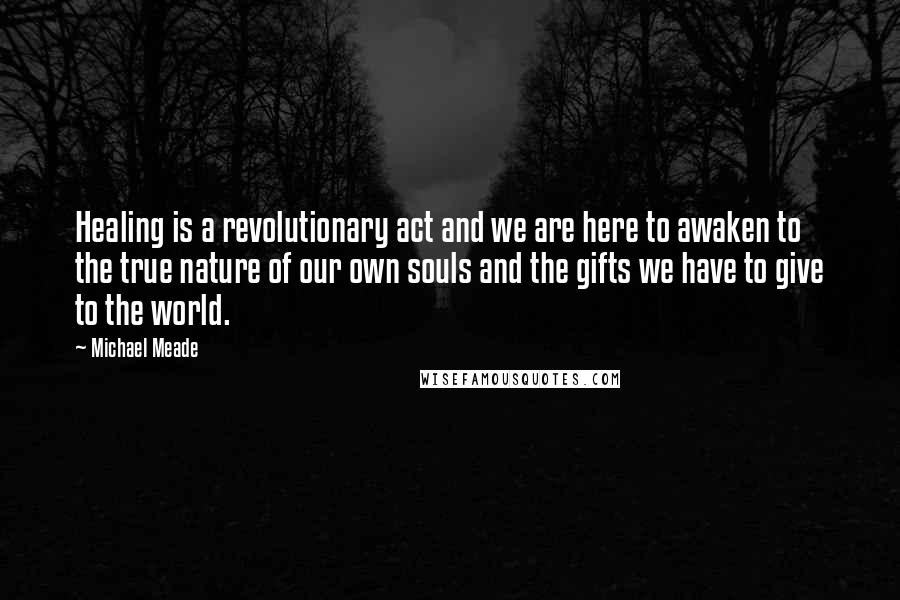 Michael Meade quotes: Healing is a revolutionary act and we are here to awaken to the true nature of our own souls and the gifts we have to give to the world.