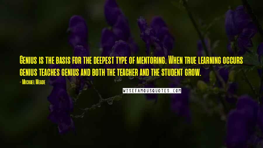 Michael Meade quotes: Genius is the basis for the deepest type of mentoring. When true learning occurs genius teaches genius and both the teacher and the student grow.