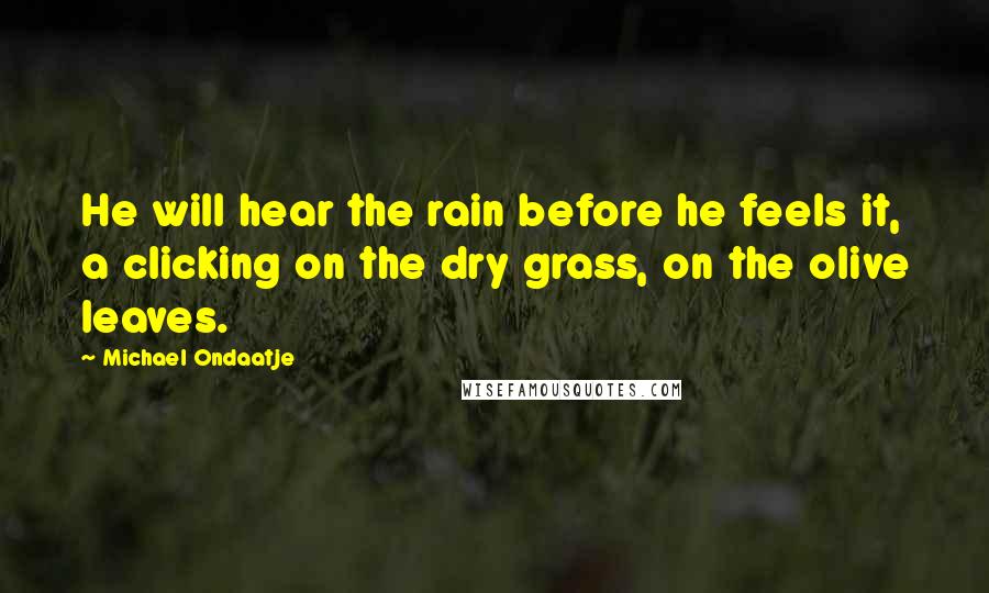 Michael Ondaatje quotes: He will hear the rain before he feels it, a clicking on the dry grass, on the olive leaves.