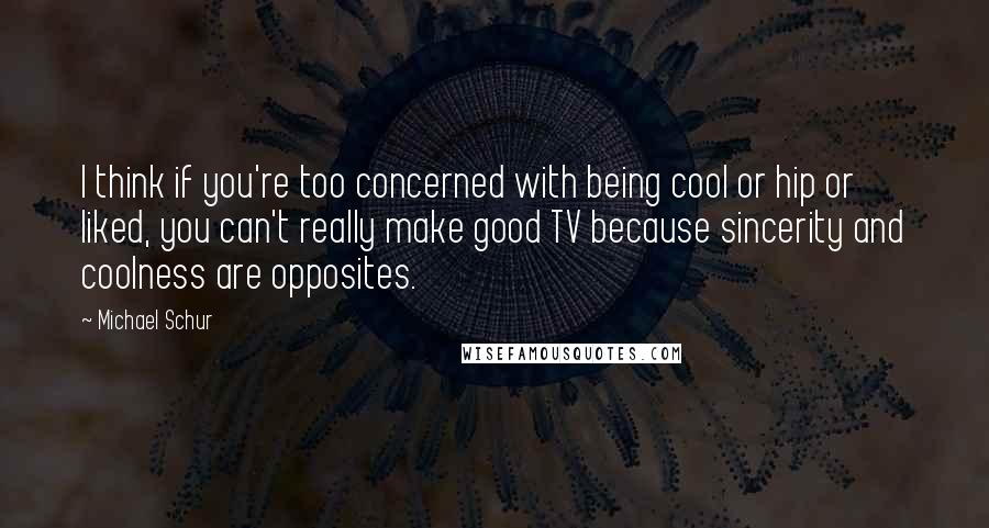Michael Schur quotes: I think if you're too concerned with being cool or hip or liked, you can't really make good TV because sincerity and coolness are opposites. Michael Schur quotes: I think if you're too concerned with being cool or hip or liked, you can't really make good TV because sincerity and coolness are opposites.