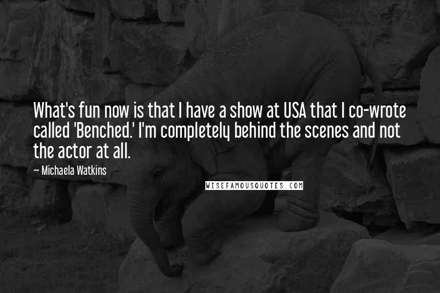 Michaela Watkins quotes: What's fun now is that I have a show at USA that I co-wrote called 'Benched.' I'm completely behind the scenes and not the actor at all.